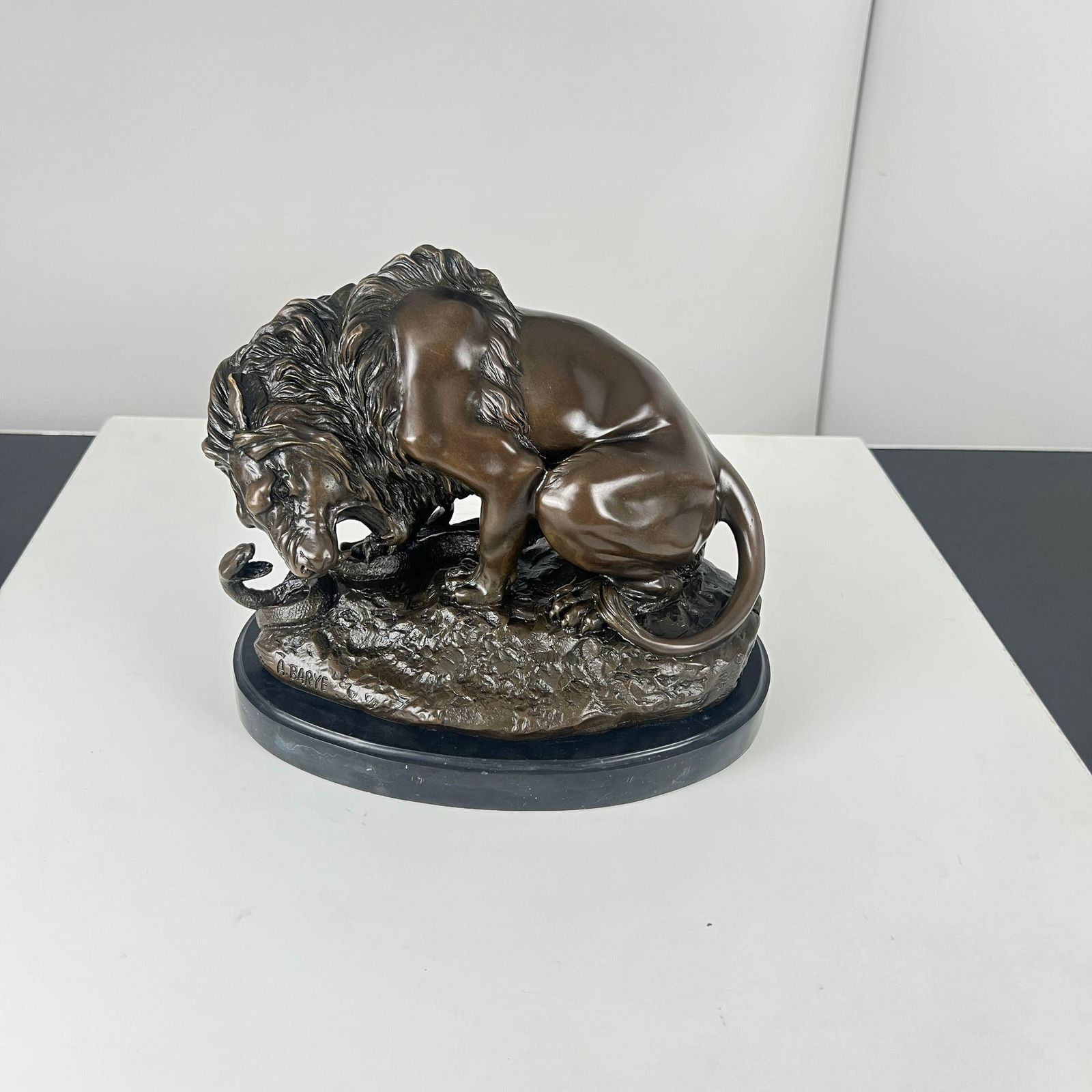 1945.0 Bronze Sculpture, Lion With Snake, After A. Barye, France, 20th Century. photo