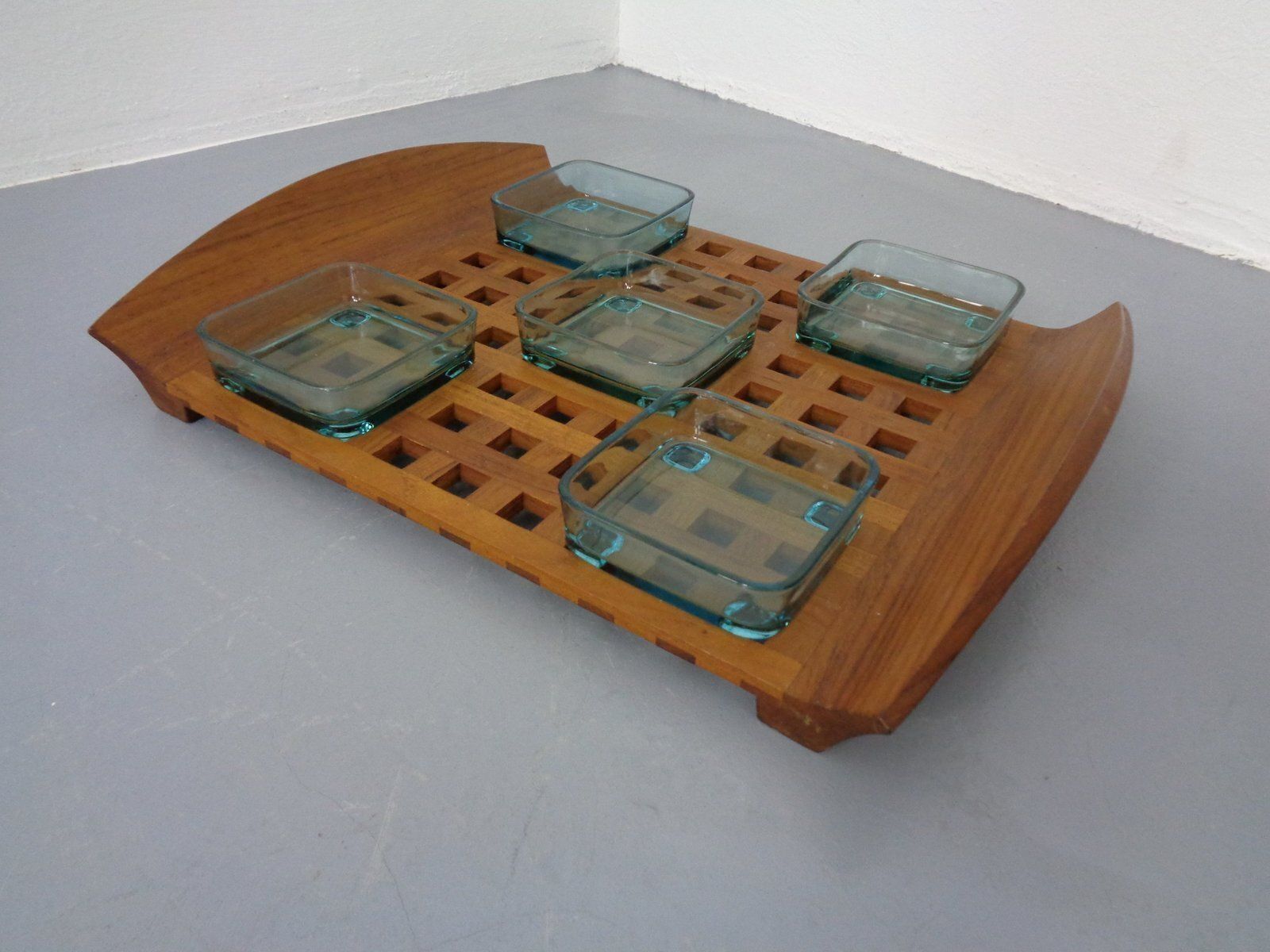Teak Tray With Glass Bowls By Jens Quistgaard For Ihq Dansk Designs, 1960s, Set Of 6