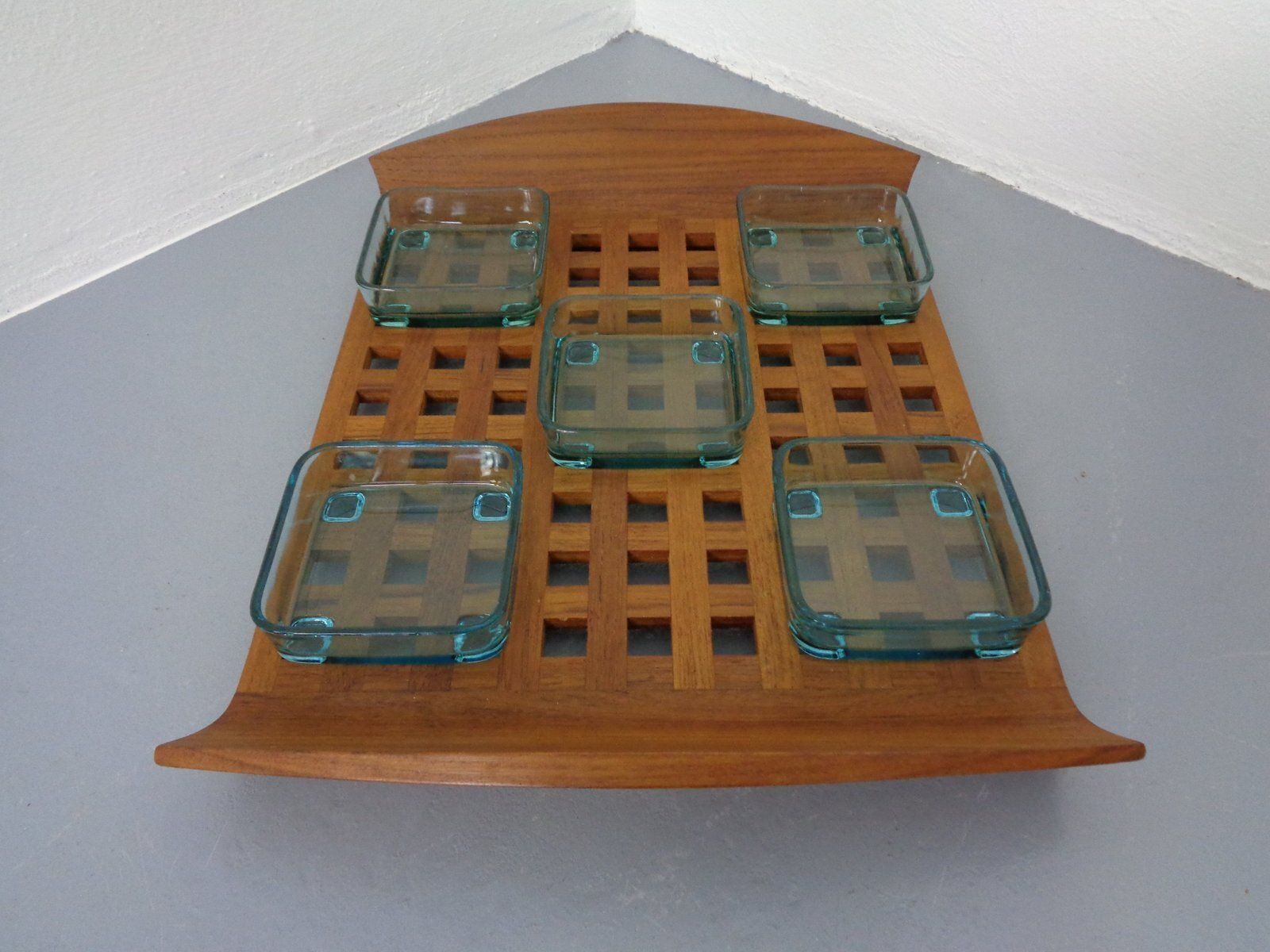 Teak Tray With Glass Bowls By Jens Quistgaard For Ihq Dansk Designs, 1960s, Set Of 6 photo Home Decor