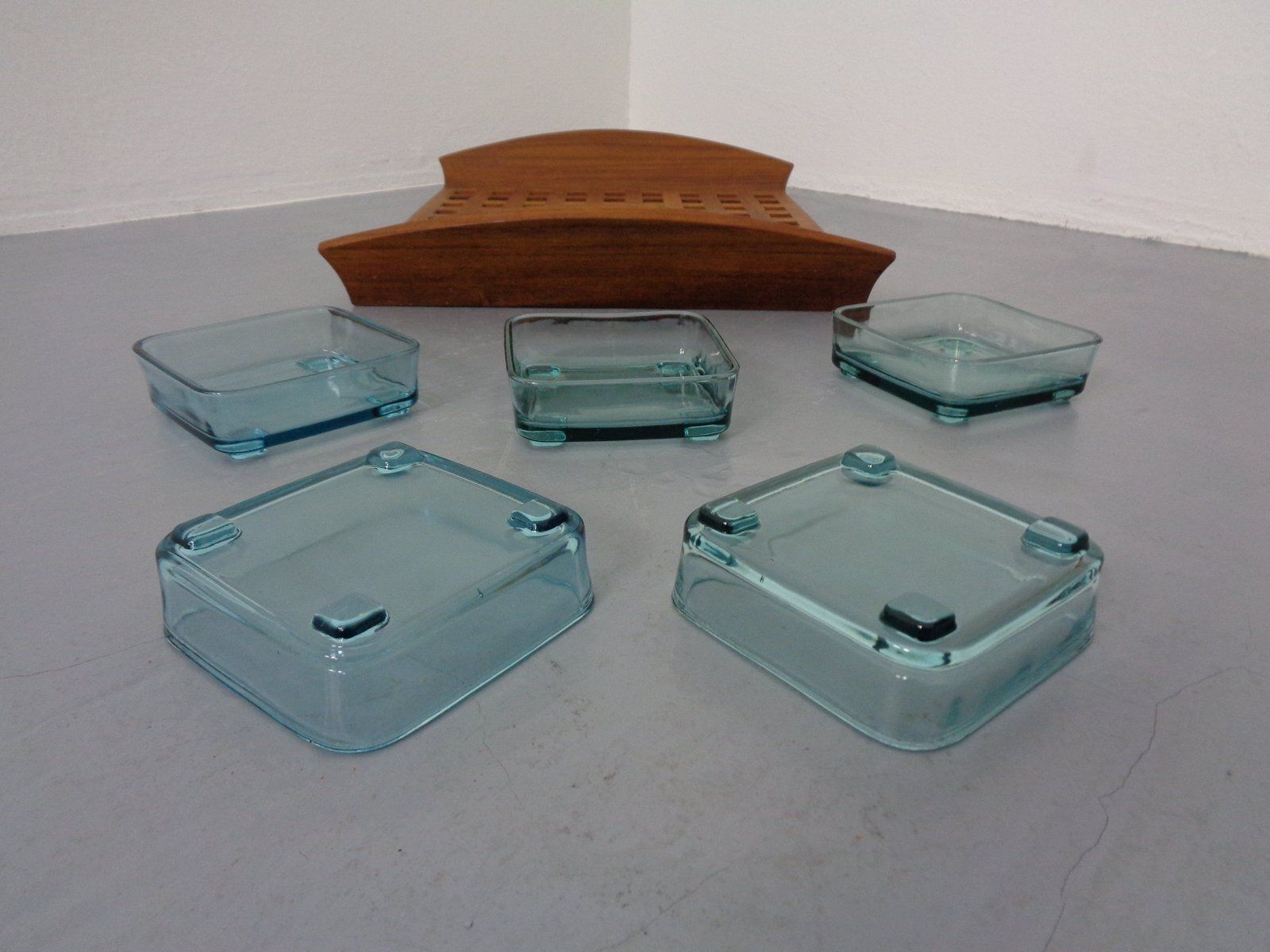 Teak Tray With Glass Bowls By Jens Quistgaard For Ihq Dansk Designs, 1960s, Set Of 6 photo vinterior