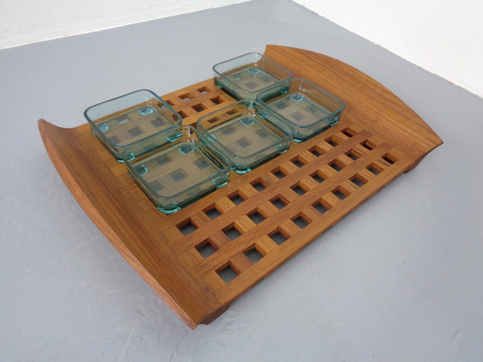 Teak Tray With Glass Bowls By Jens Quistgaard For Ihq Dansk Designs, 1960s, Set Of 6 photo buy