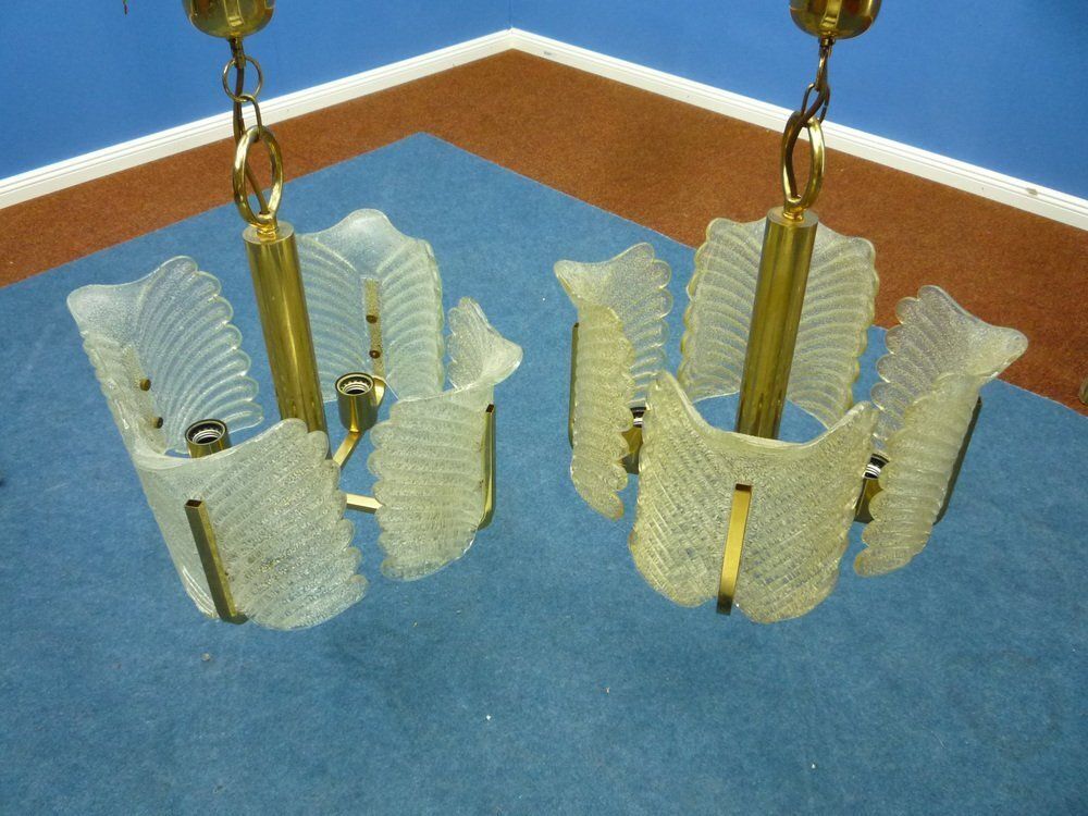 Decorative Regency Murano Glass & Brass Ceiling Lamps, 1960s, Set Of 2 photo for sale