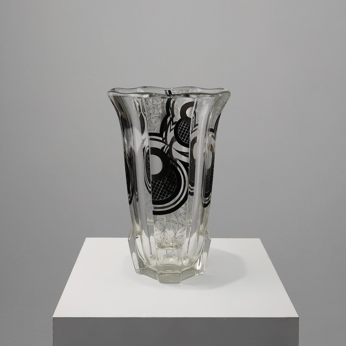 Art Deco Glass Vase With Black Graphic Decoration, France, 1940s
