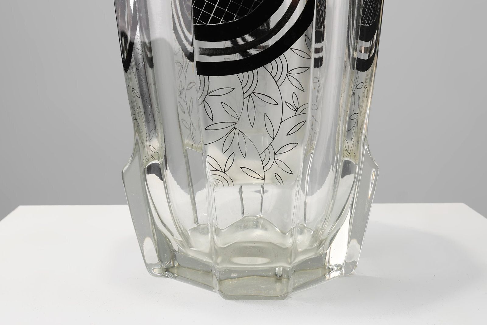 Art Deco Glass Vase With Black Graphic Decoration, France, 1940s photo vintage