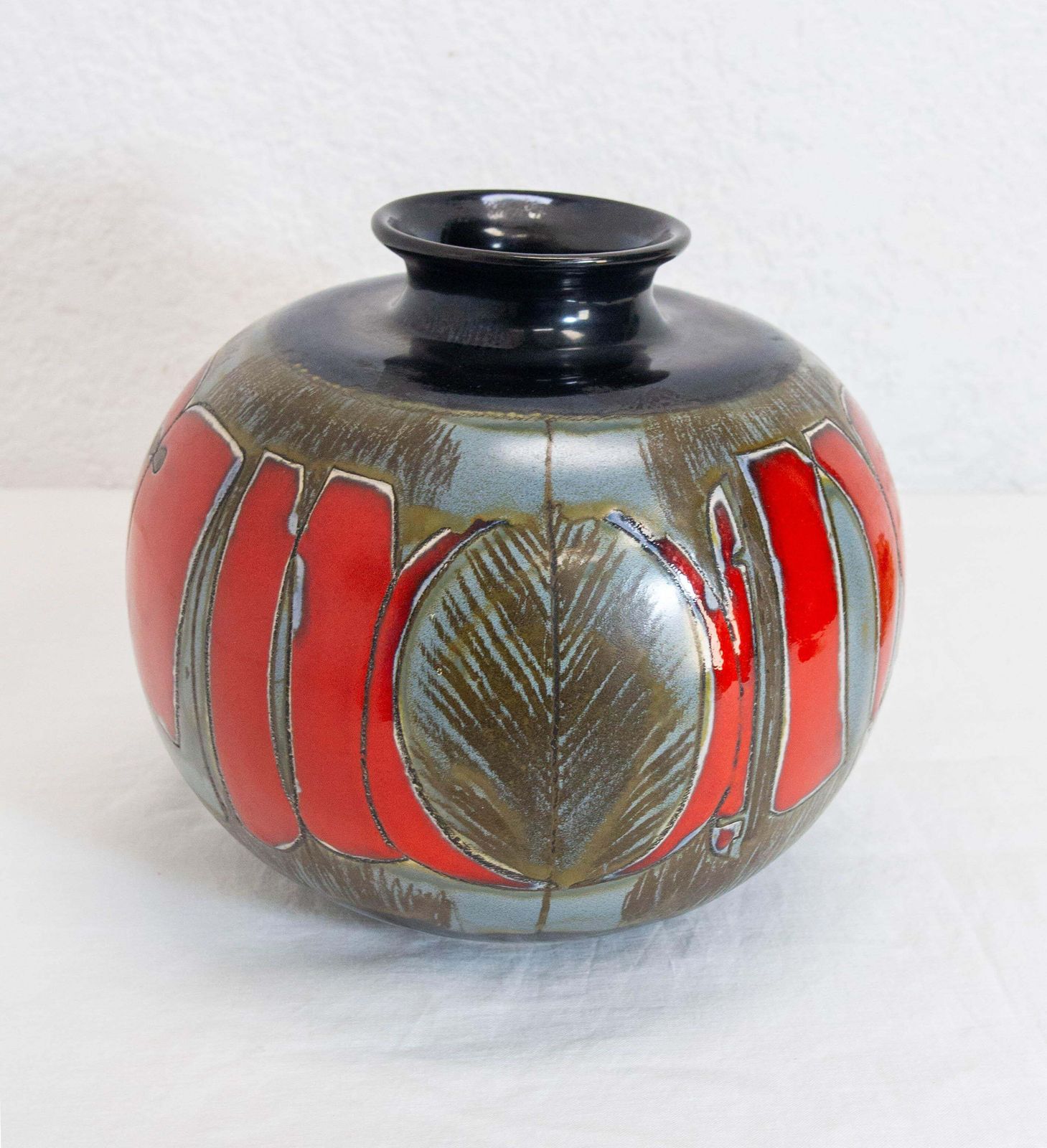 German Grey Red & Dark Blue Ceramic Vase Leaves Motifs Midcentury photo Home Decor