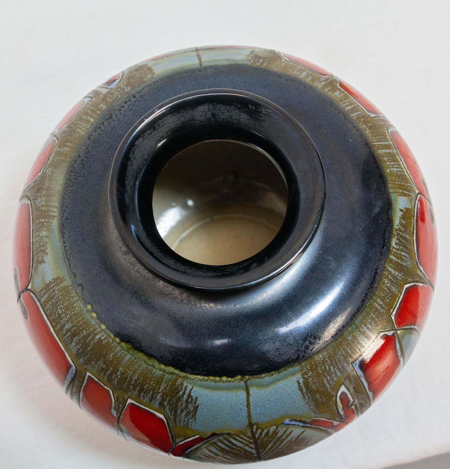 photo for sale German Grey Red & Dark Blue Ceramic Vase Leaves Motifs Midcentury