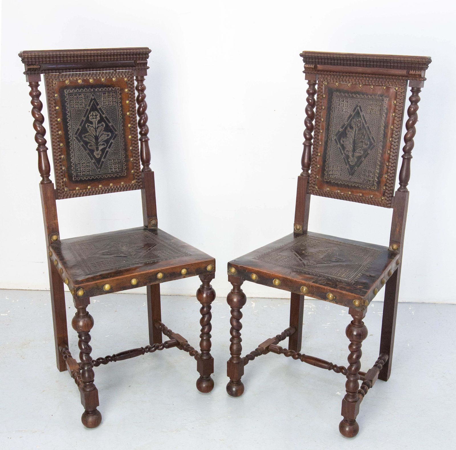Pair Of Middle East Chairs Oak & Leather With Studs 1920 photo furniture
