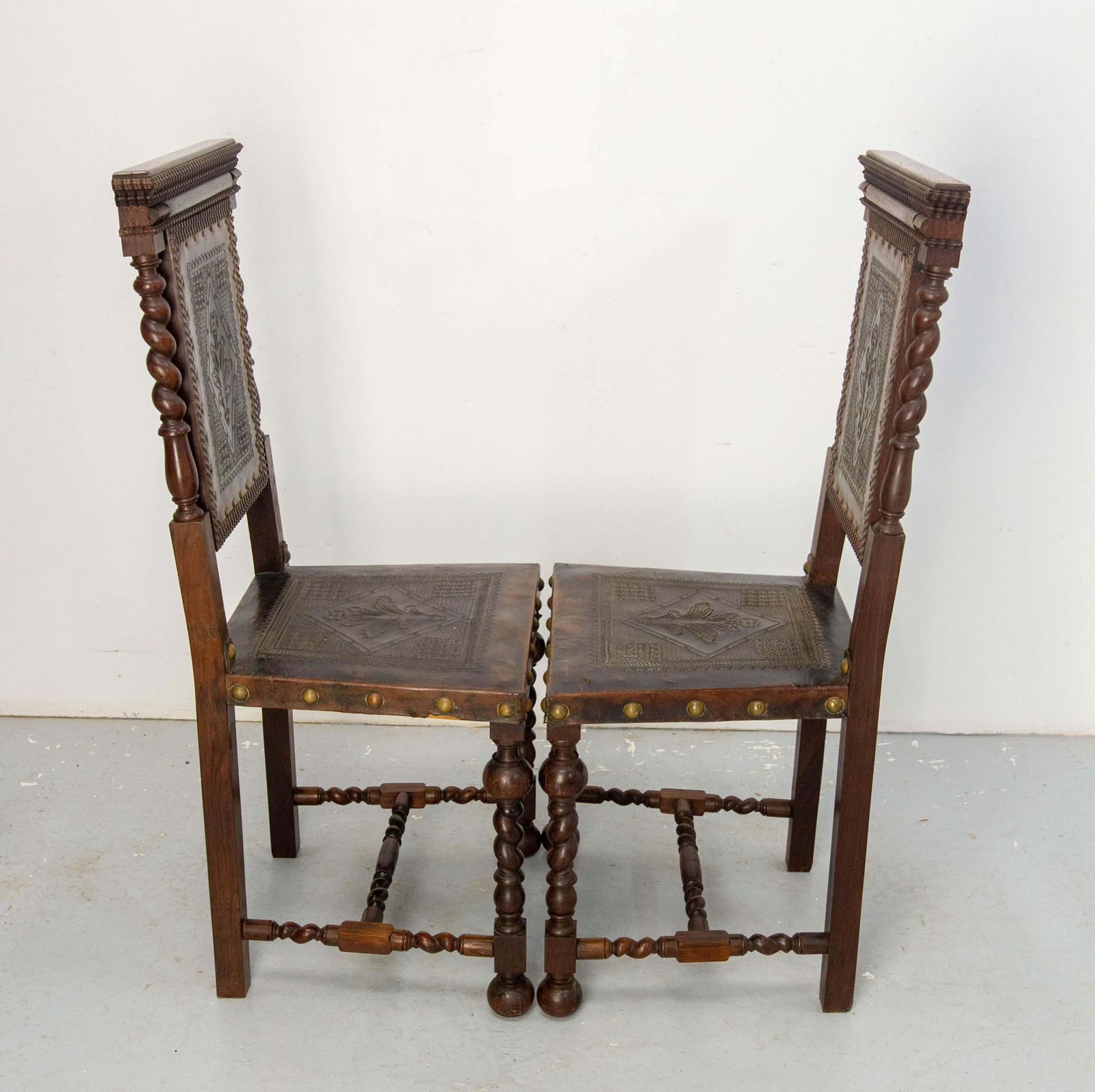 Pair Of Middle East Chairs Oak & Leather With Studs 1920 photo for sale