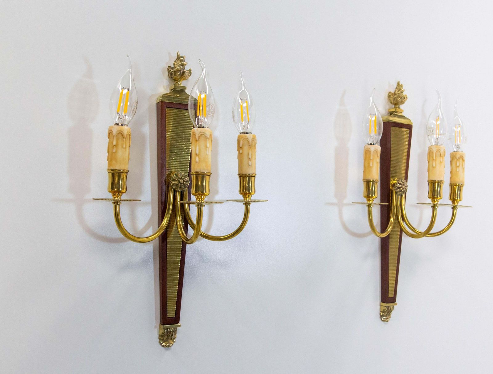 Pair Of Triple Sconces Brass And Iroko, Louis XVI Style Circa 1960 photo furniture