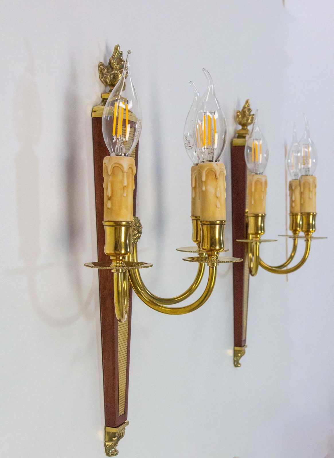 Pair Of Triple Sconces Brass And Iroko, Louis XVI Style Circa 1960 photo for sale
