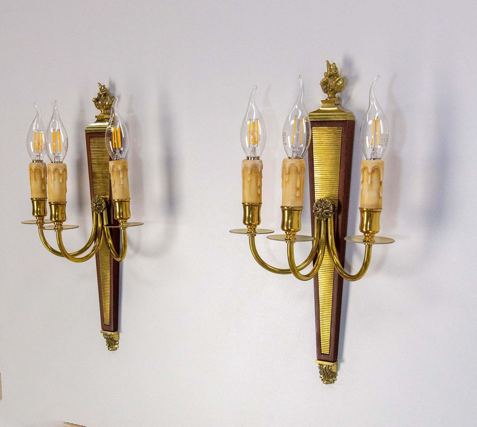 Pair Of Triple Sconces Brass And Iroko, Louis XVI Style Circa 1960 photo Lighting