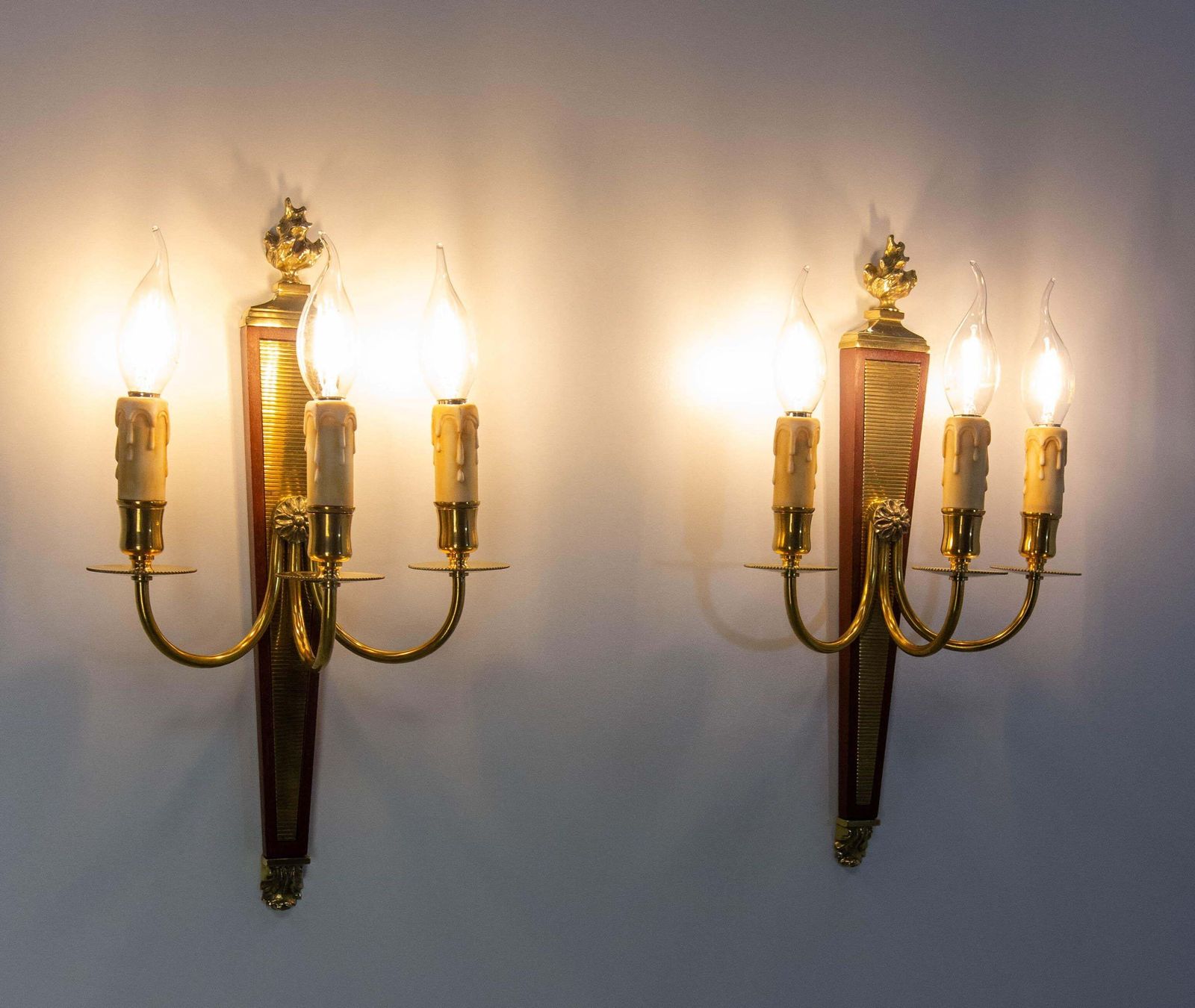 Pair Of Triple Sconces Brass And Iroko, Louis XVI Style Circa 1960 photo buy