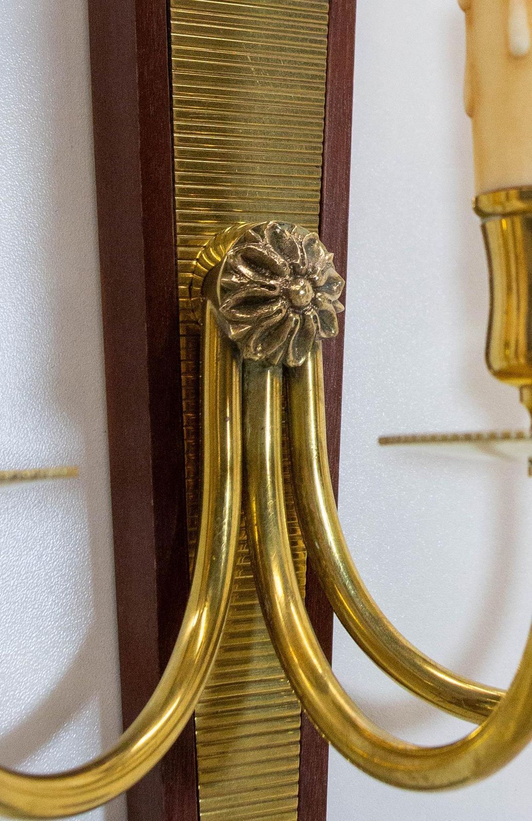 photo for sale Pair Of Triple Sconces Brass And Iroko, Louis XVI Style Circa 1960