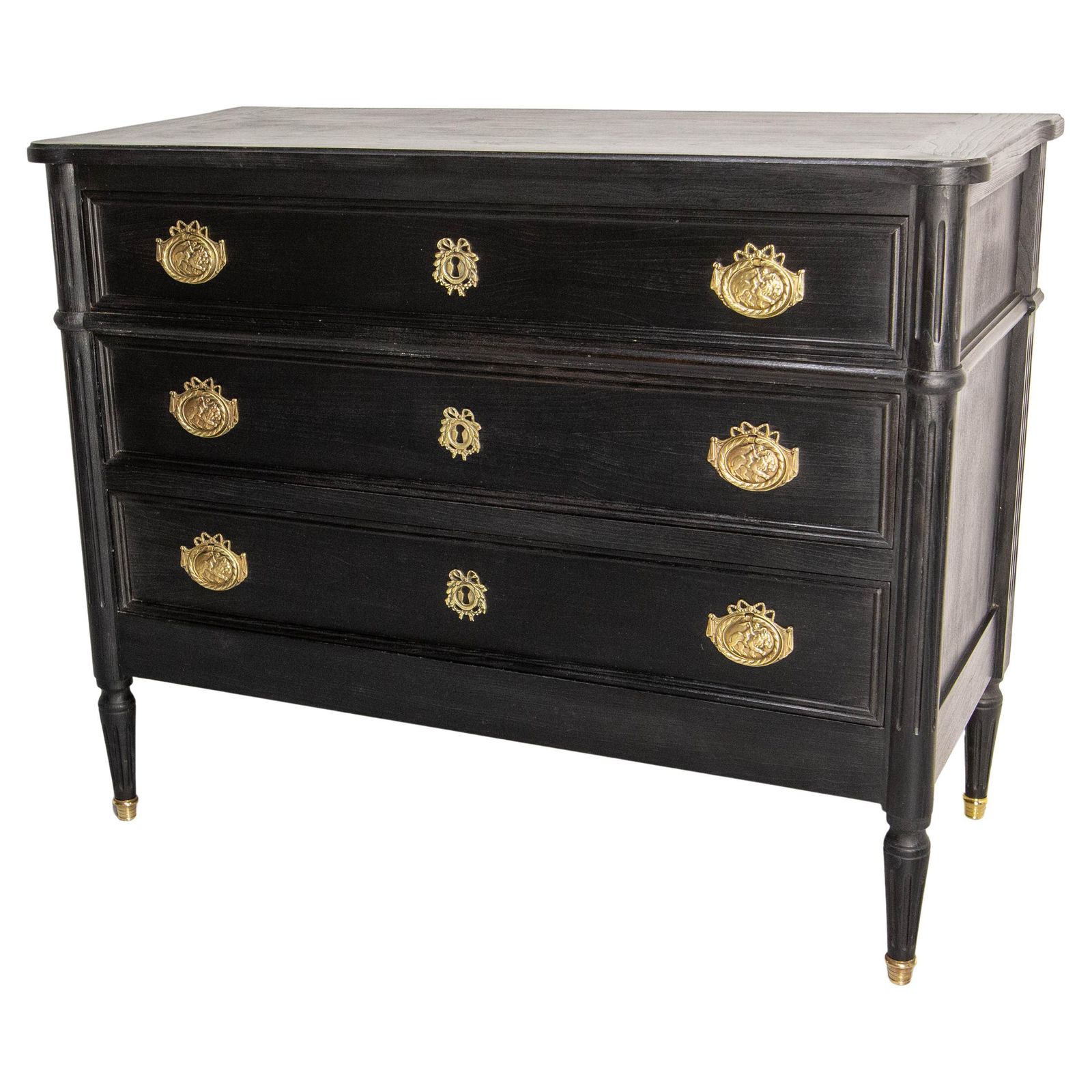 French Louis XVI Style Black Wood Commode Chest Of Drawers Circa 1980