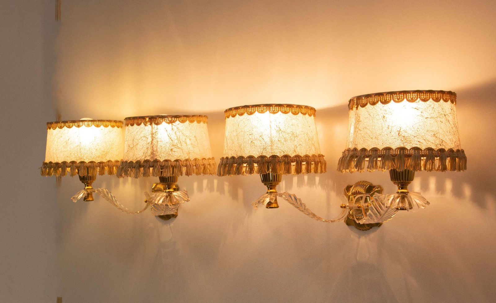 Pair Of Double Sconces Brass And Resin With Lampshades, Louis XV Style C 1960 photo Lighting