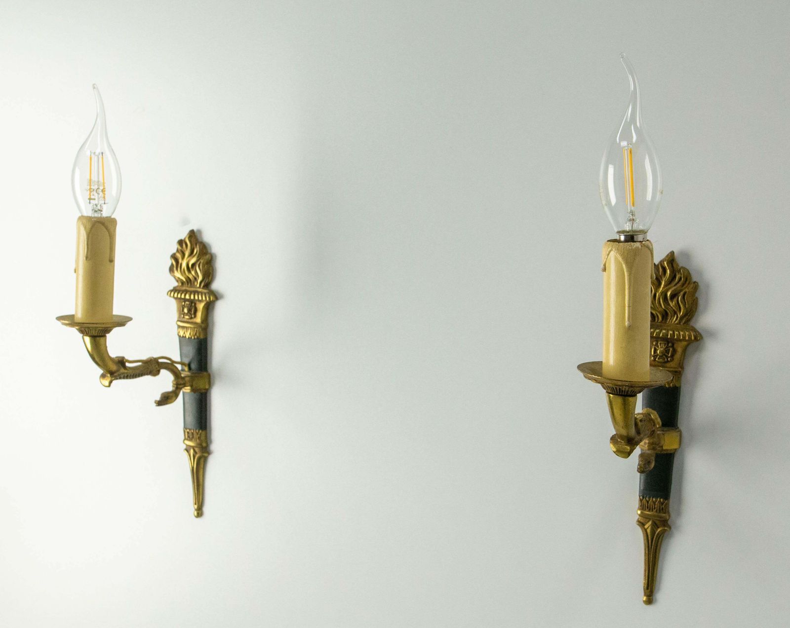 Pair Of Sconces Empire Style Deep Green With Torch And Swan Circa 1960 France photo Lighting