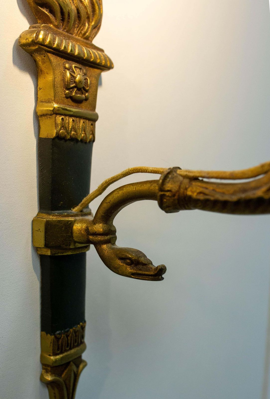 Pair Of Sconces Empire Style Deep Green With Torch And Swan Circa 1960 France photo buy