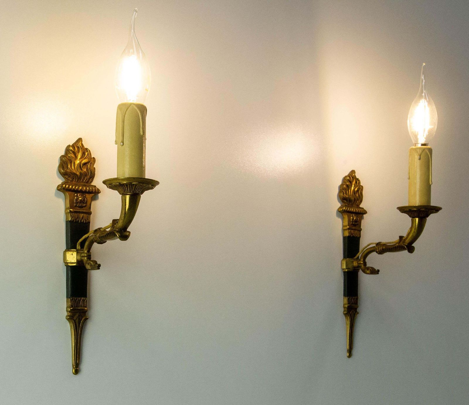 photo furniture Pair Of Sconces Empire Style Deep Green With Torch And Swan Circa 1960 France