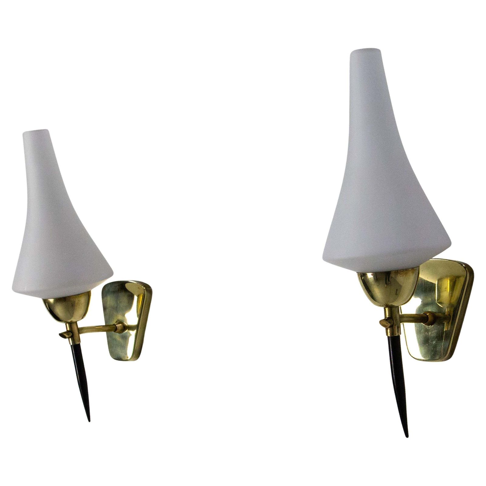 Pair Of Sconces White Glass Black & Golden Chrome, Circa 1950, Arlus France photo furniture