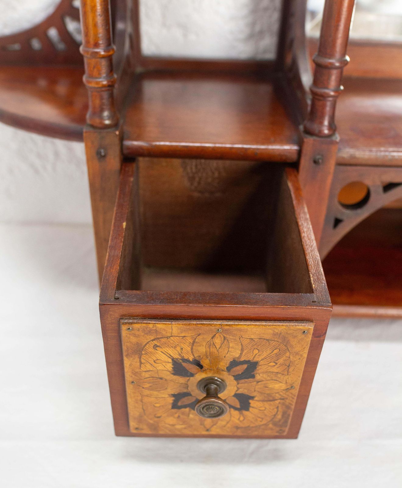 1202.0 Wall Iroko Wood Shelves Beveled Mirror & Marquetry Art Nouveau Late 19th Century photo