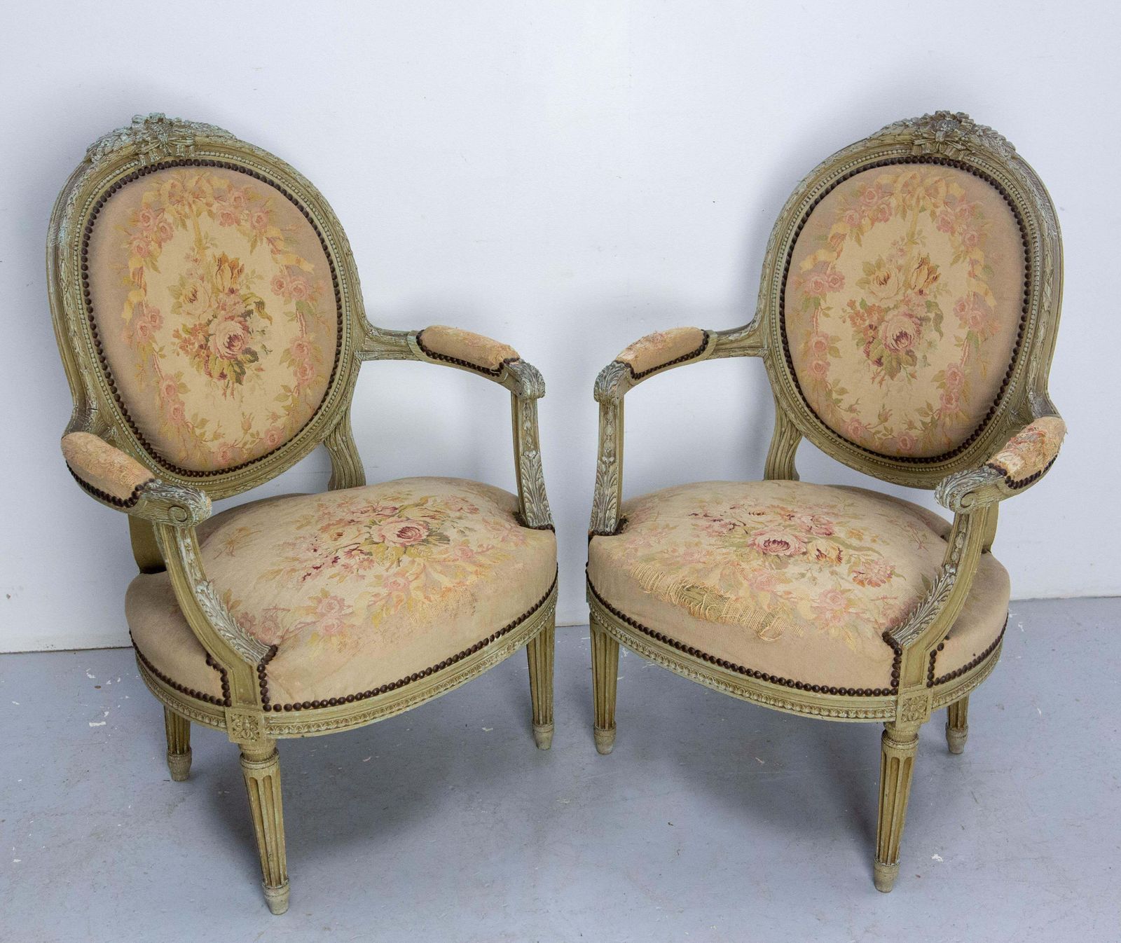 Pair Of French Patinated Open Armchairs Louis XVI Medallion Fauteuils Circa 1900 photo 1266.0