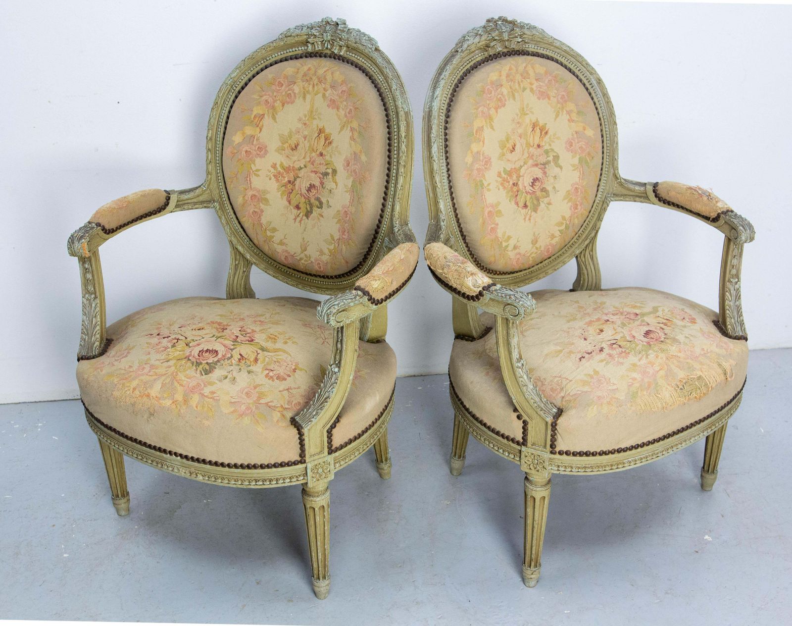 Pair Of French Patinated Open Armchairs Louis XVI Medallion Fauteuils Circa 1900 photo vinterior