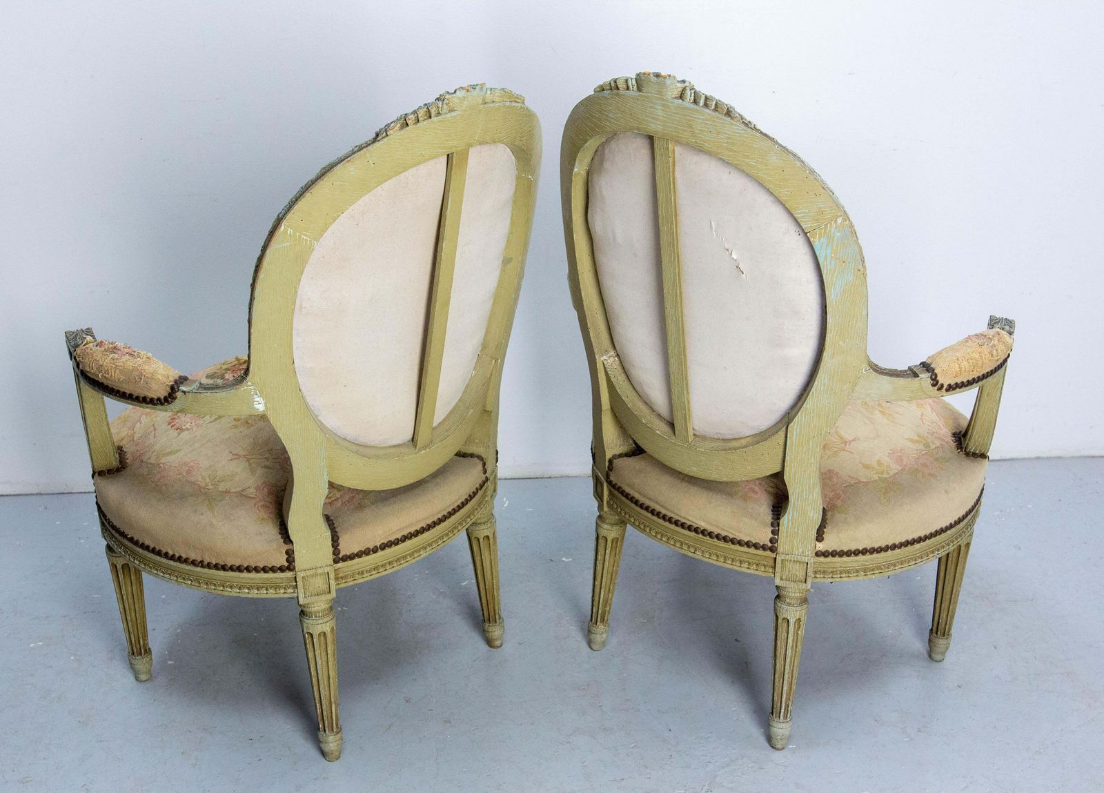 Pair Of French Patinated Open Armchairs Louis XVI Medallion Fauteuils Circa 1900 photo vintage