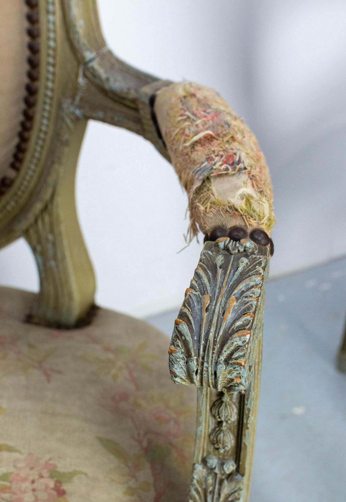 Furniture Pair Of French Patinated Open Armchairs Louis XVI Medallion Fauteuils Circa 1900 photo