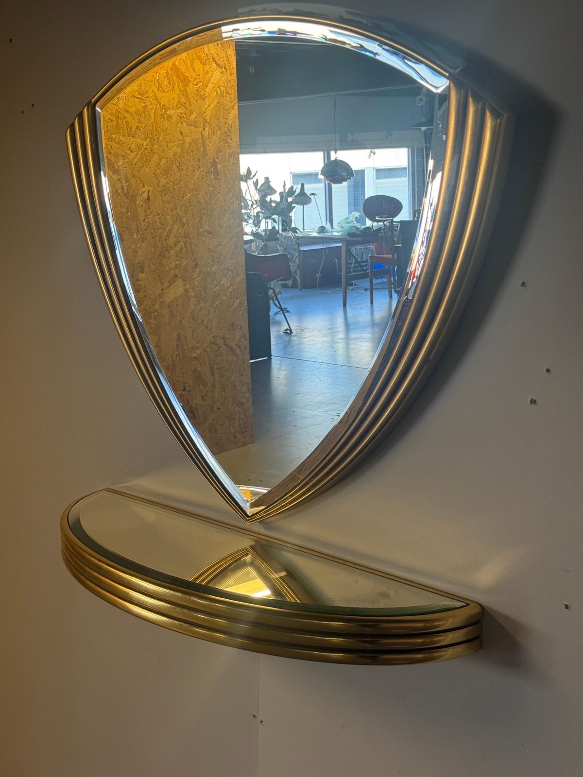 Art Deco Triangle Golden Wall Mirror With Console 1970 Belgium  Set photo vinterior
