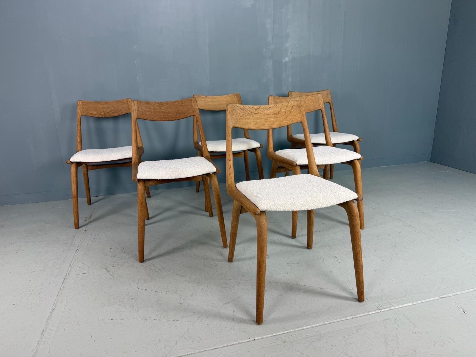 Alfred Christensen Danish Oak "Boomerang" Chairs Set Of 6 Boucle Fabric photo vinterior