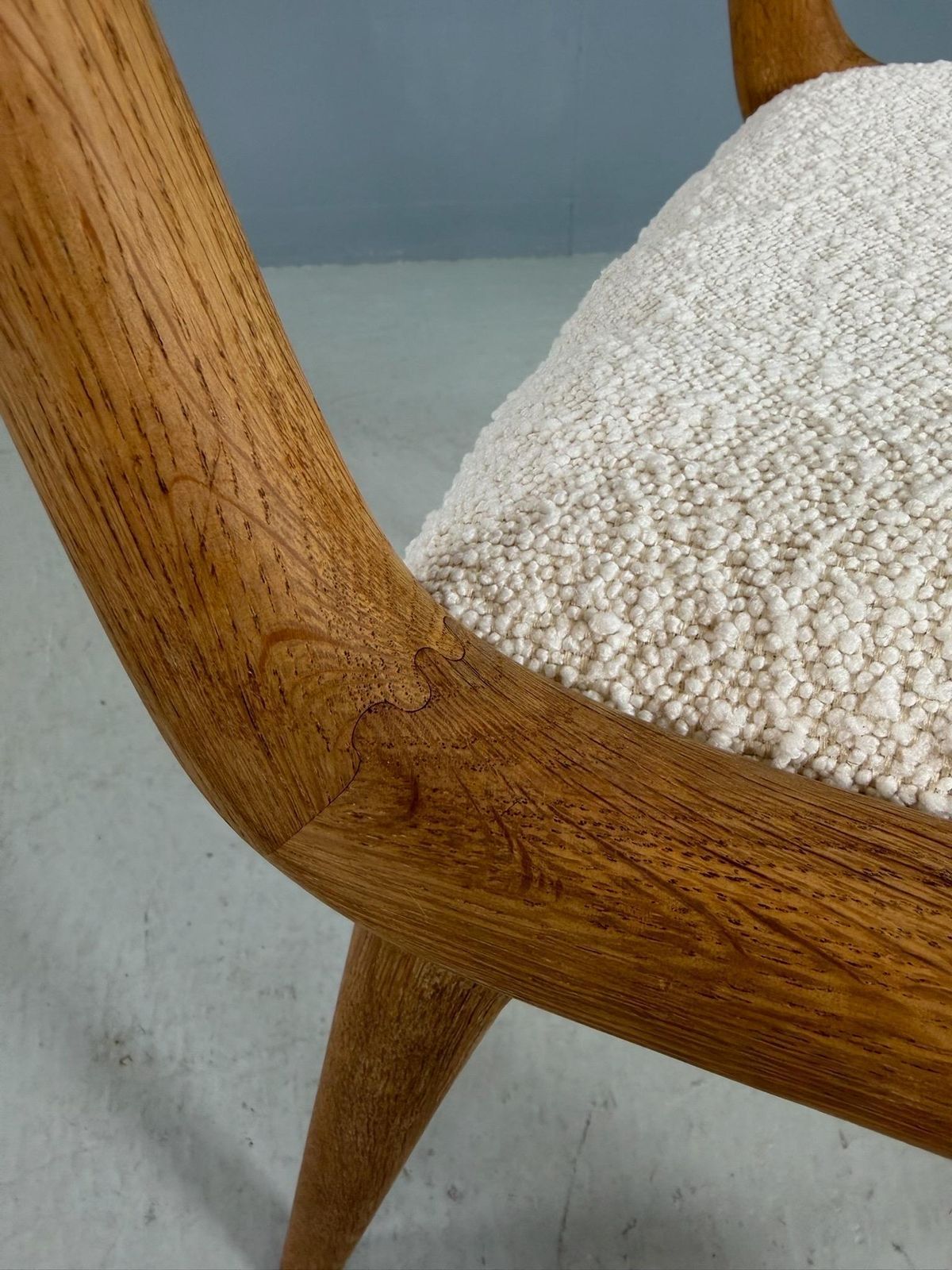 photo furniture Alfred Christensen Danish Oak "Boomerang" Chairs Set Of 6 Boucle Fabric