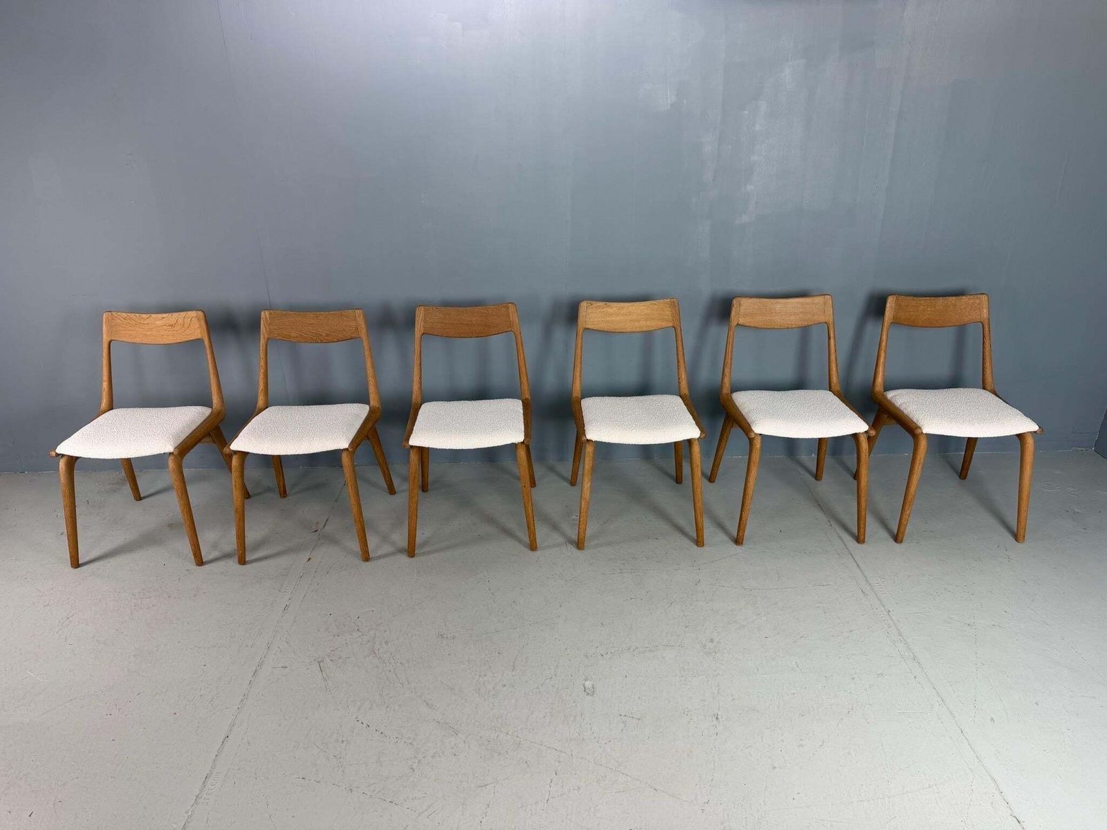 photo for sale Alfred Christensen Danish Oak "Boomerang" Chairs Set Of 6 Boucle Fabric