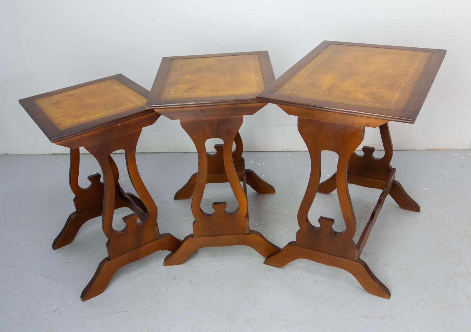 Set Of Three Poplar Nesting Tables With Top Recovered Of Leather Mid Century photo furniture