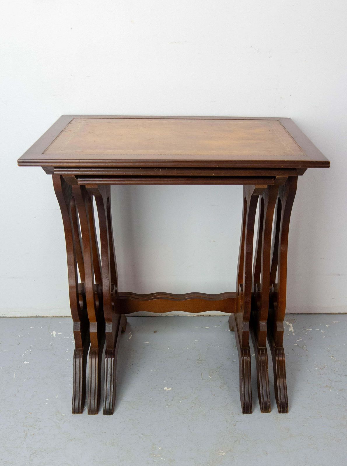 Set Of Three Poplar Nesting Tables With Top Recovered Of Leather Mid Century photo 620.0