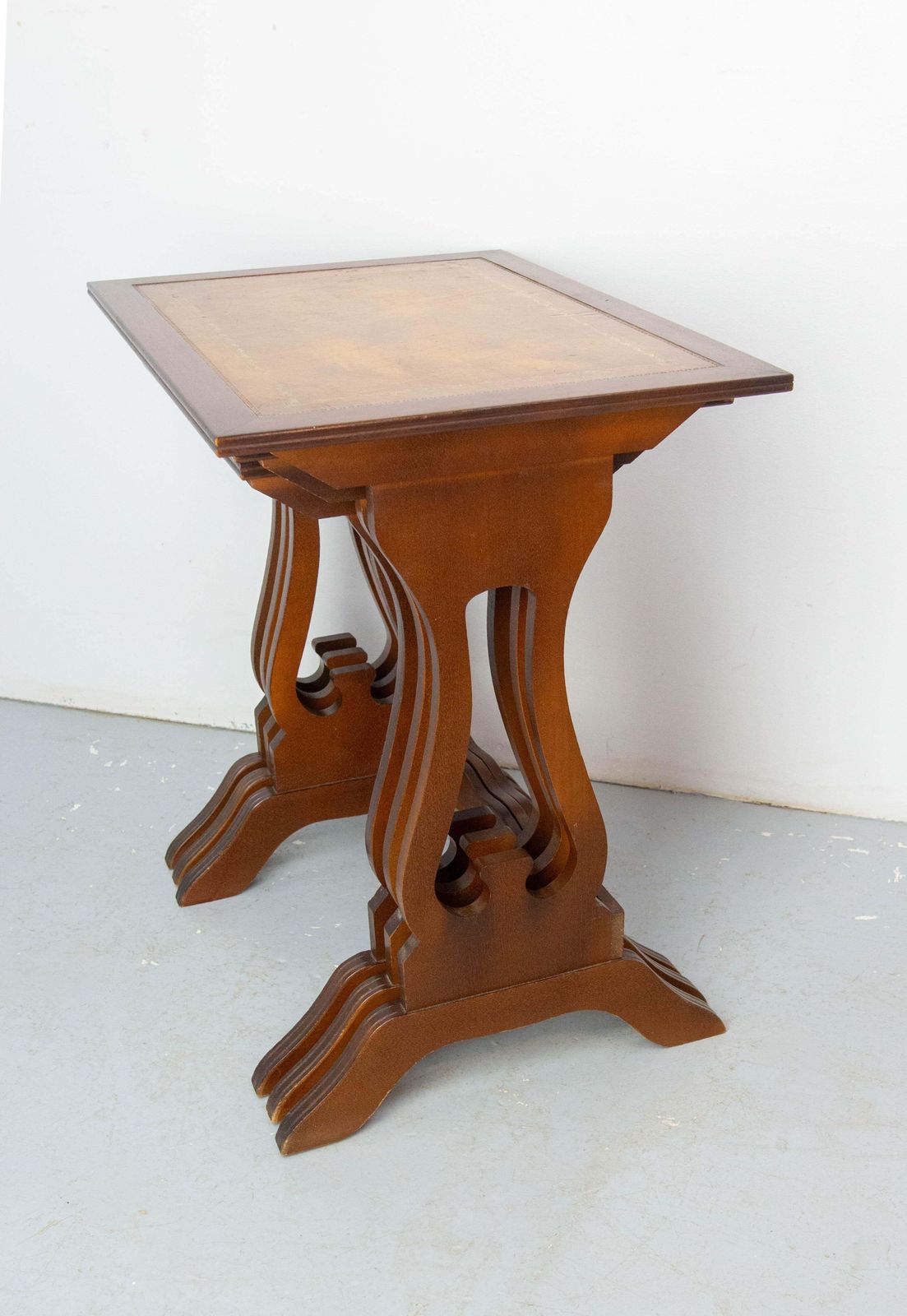 Set Of Three Poplar Nesting Tables With Top Recovered Of Leather Mid Century photo vinterior