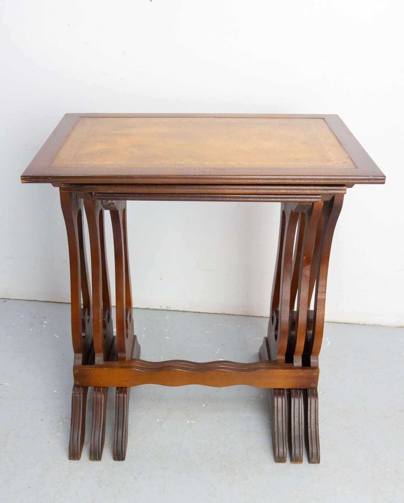 Set Of Three Poplar Nesting Tables With Top Recovered Of Leather Mid Century photo buy