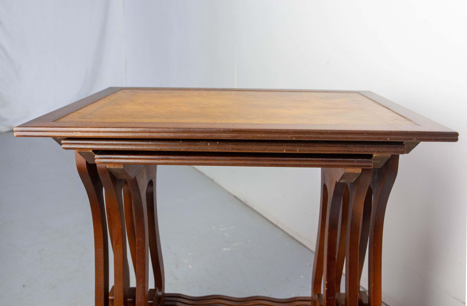 Furniture Set Of Three Poplar Nesting Tables With Top Recovered Of Leather Mid Century photo