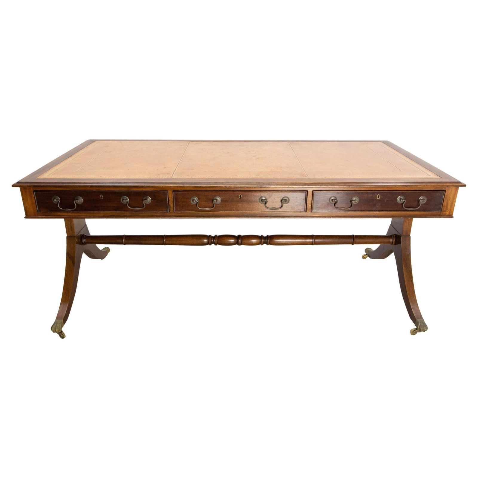 English Patinated Large Desk, Double Side, Wood, Leather & Iron Circa 1900