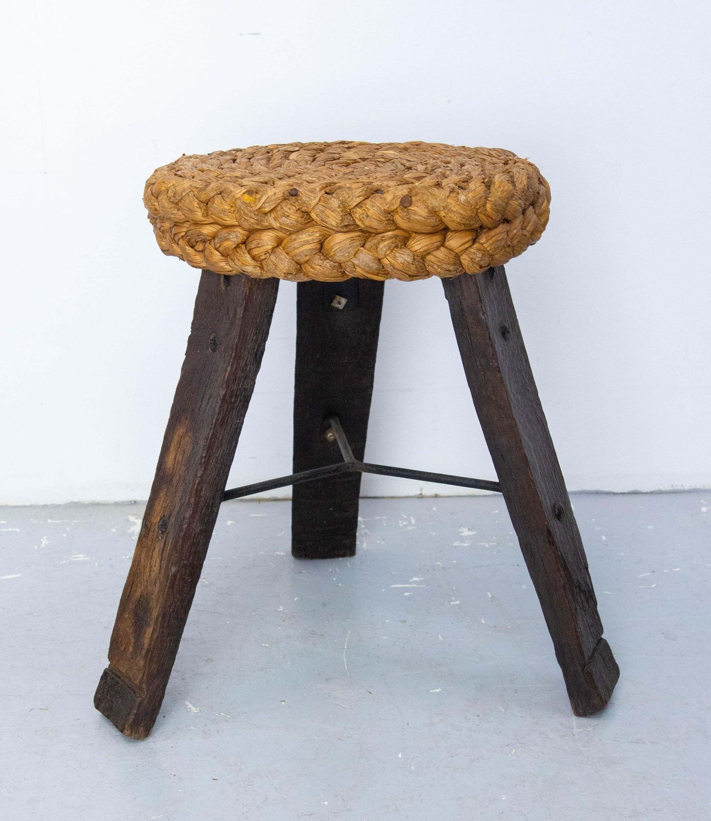 Three Legs Stool Round Oak, Iron & Straw By Audoux Minnet, France Circa 1950 photo furniture