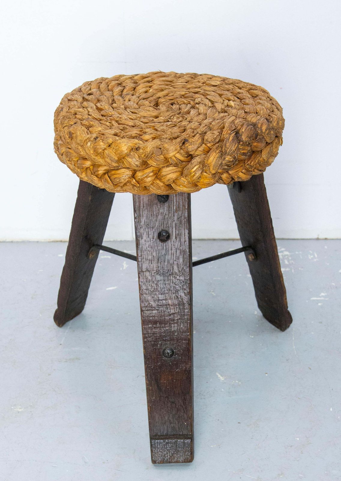 Three Legs Stool Round Oak, Iron & Straw By Audoux Minnet, France Circa 1950 photo 1220.0