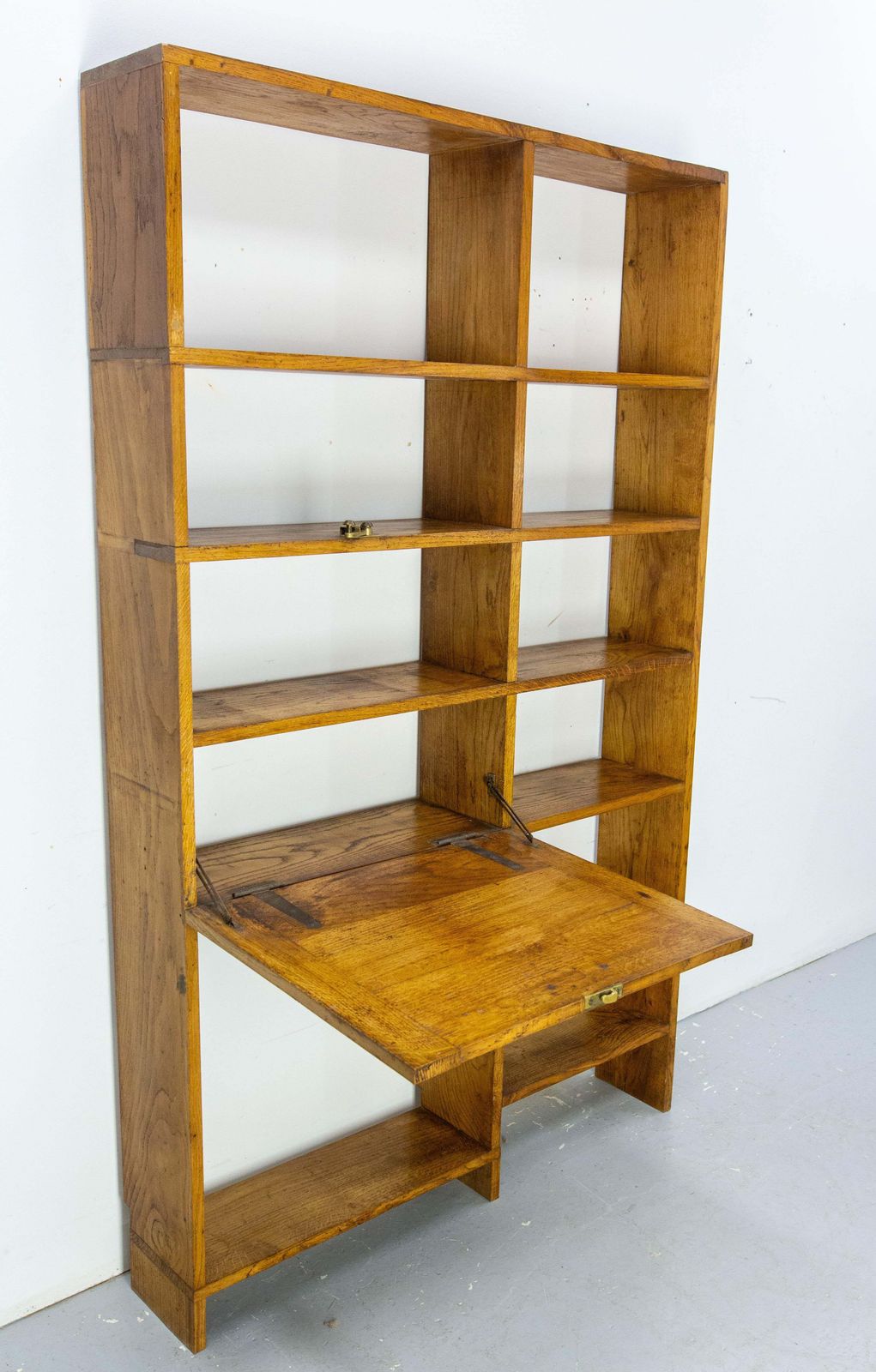 Vintage Oak Bookcase Folding Desk Shelves French Midcentury photo vinterior