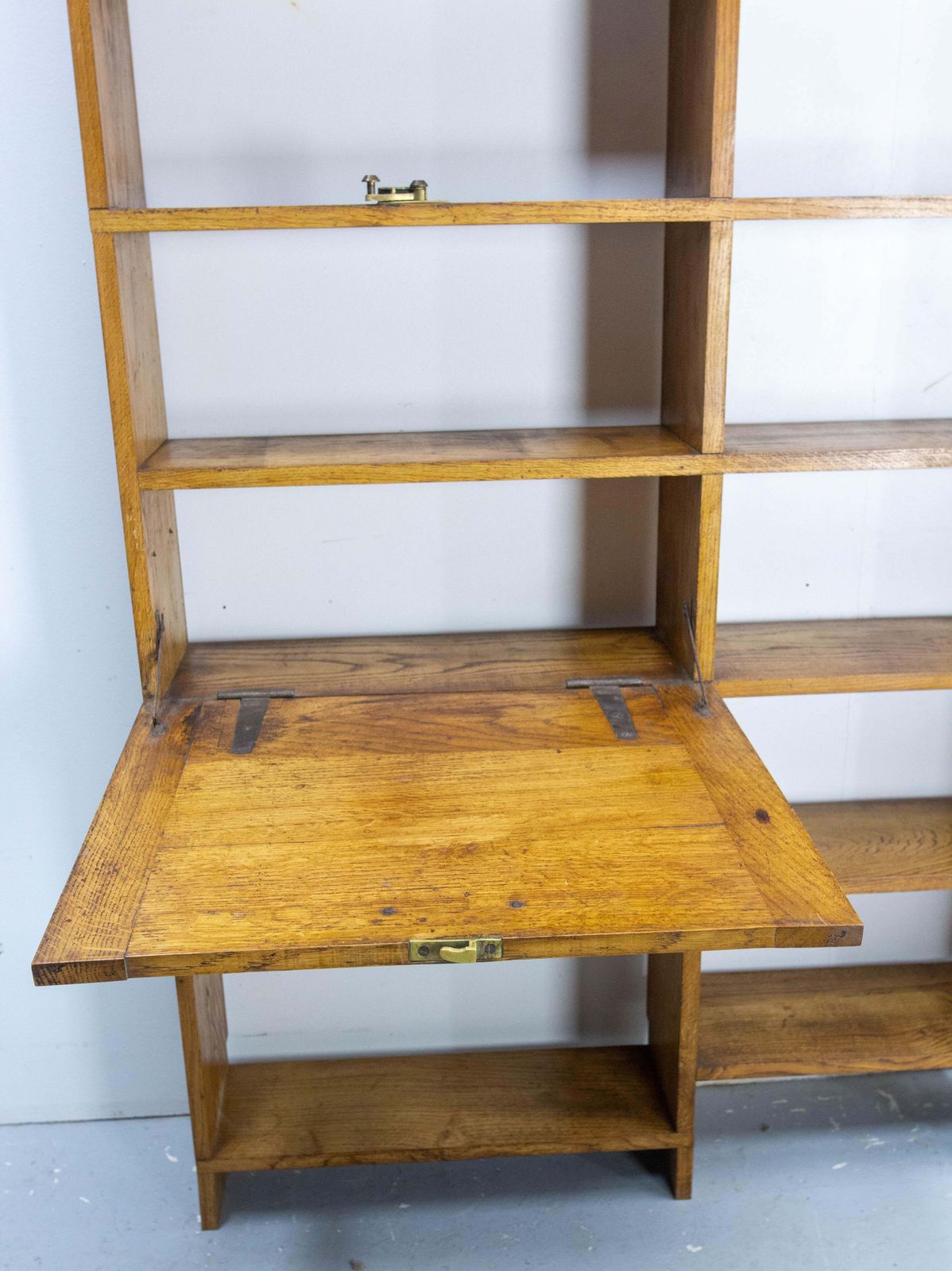 photo vinterior Vintage Oak Bookcase Folding Desk Shelves French Midcentury