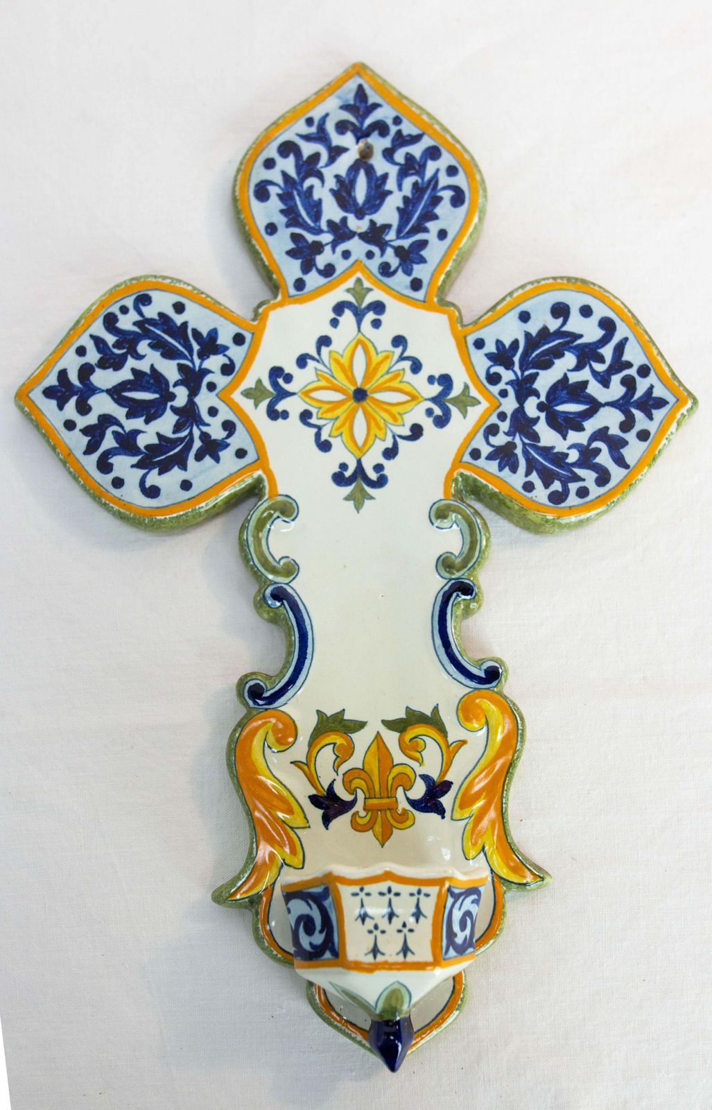 French Faience Wall Cross With Holy Water Font Henriot Quimper, 20th Mid Century photo furniture