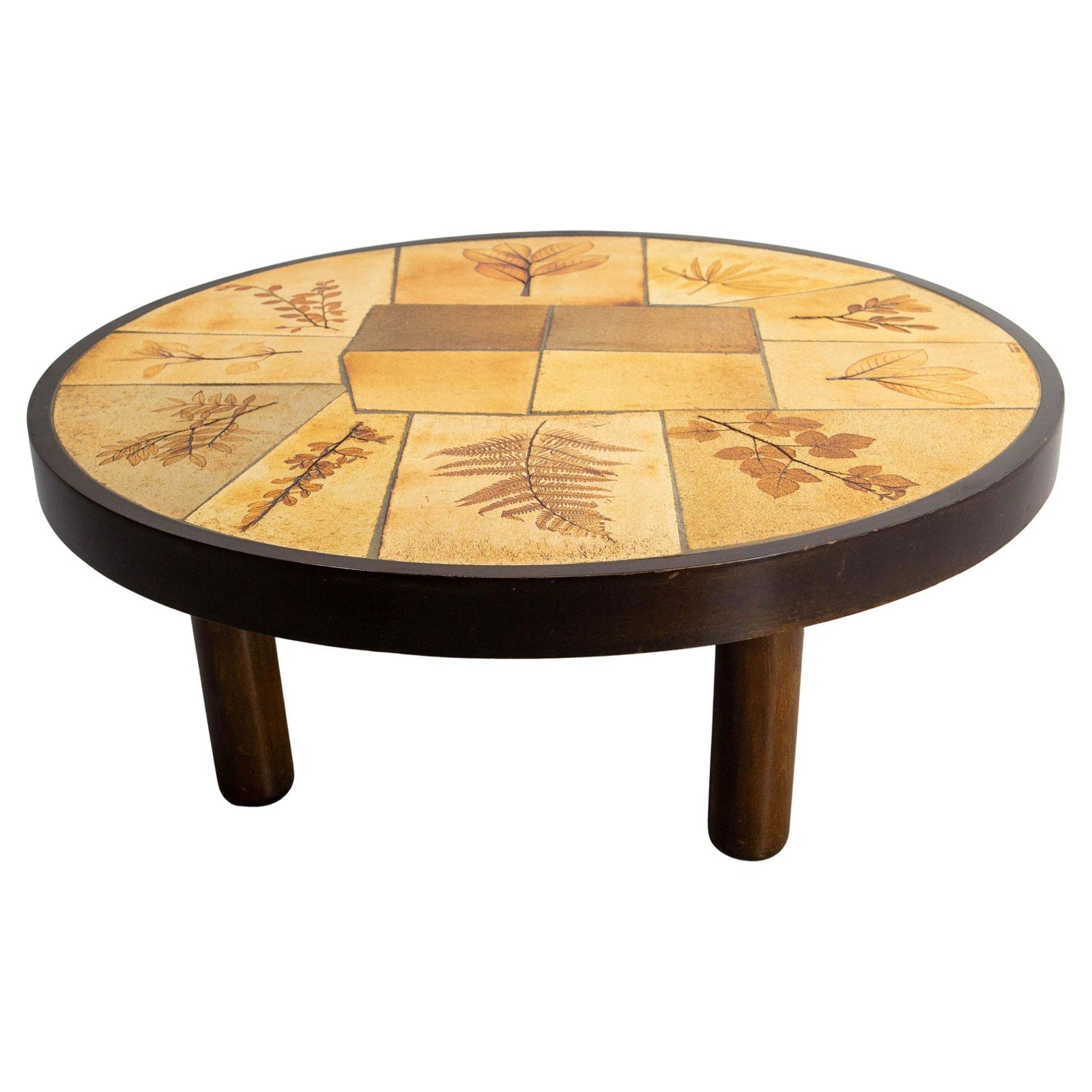 French Round Coffee Table Herbarium Vallauris Ceramics Signed Raymonde Leduc