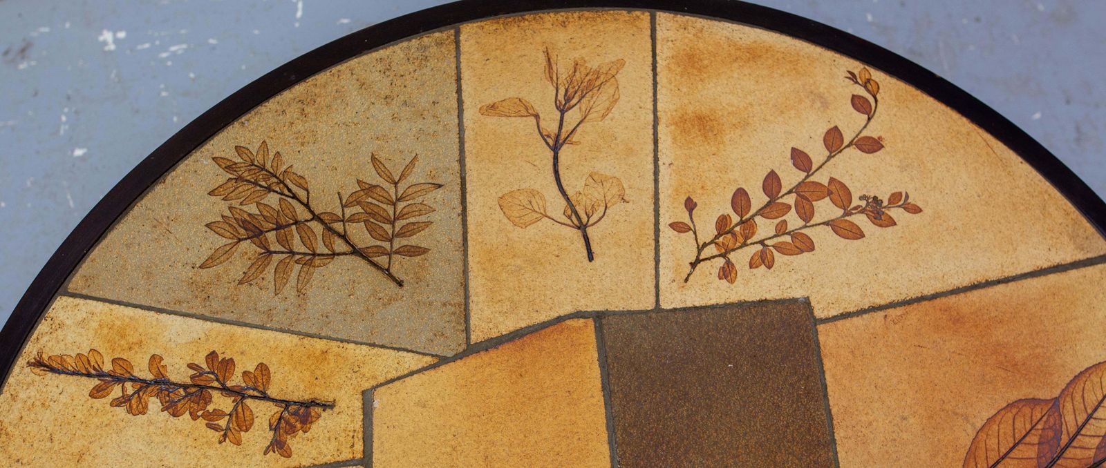 photo furniture French Round Coffee Table Herbarium Vallauris Ceramics Signed Raymonde Leduc