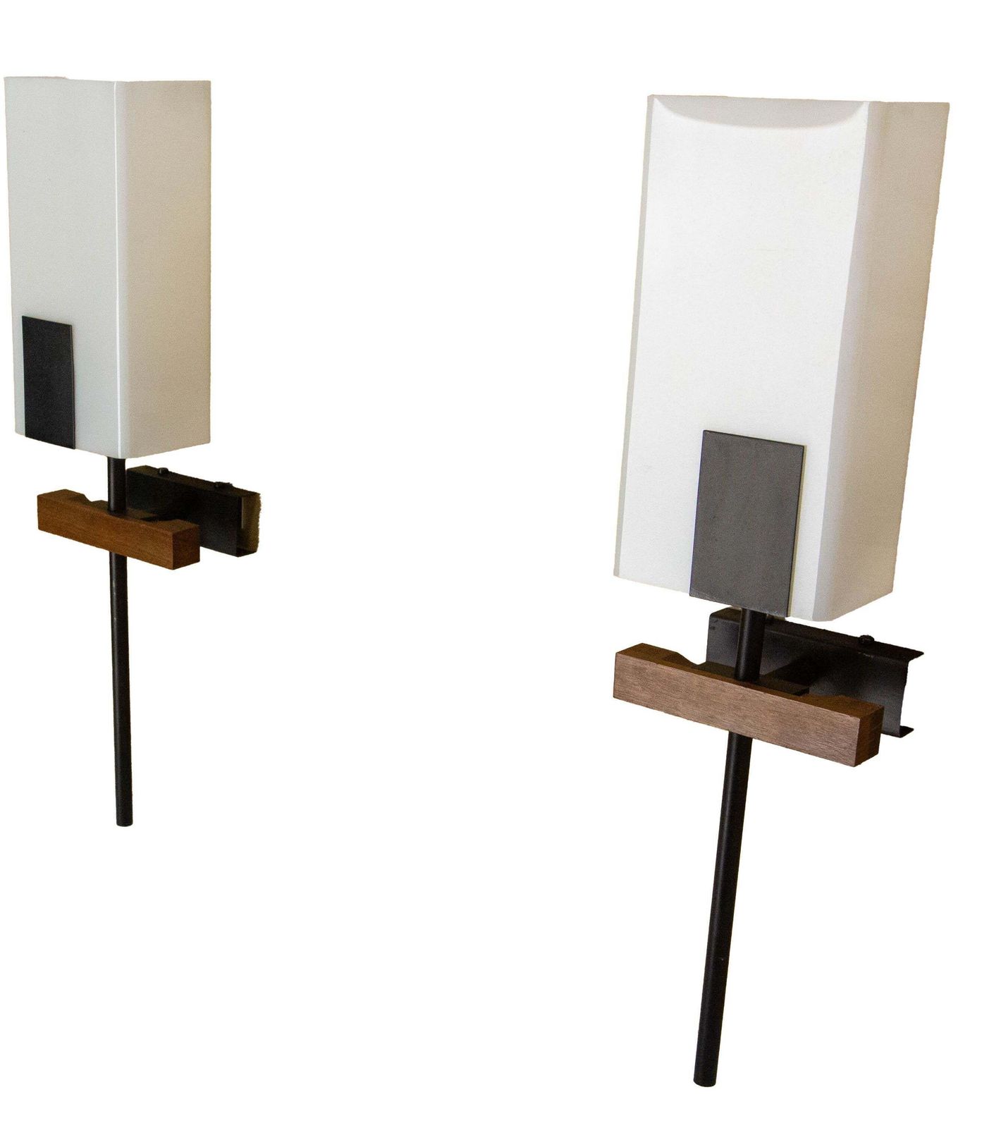 Pair Of Sconces Opalin Glass, Black Metal & Teak Circa 1960 France photo vinterior