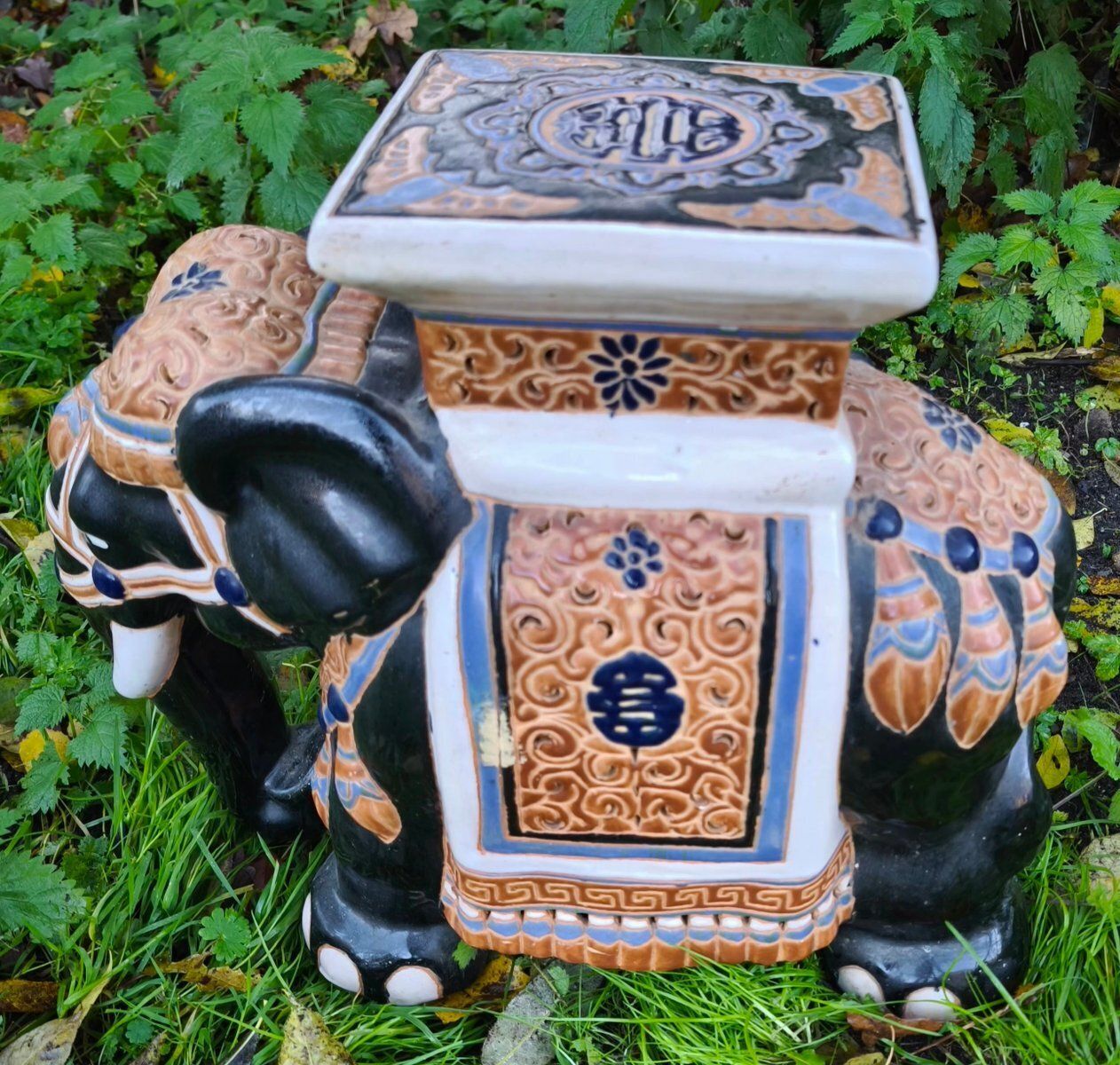 Vintage Chinese Black Ceramic Elephant Plant Stool