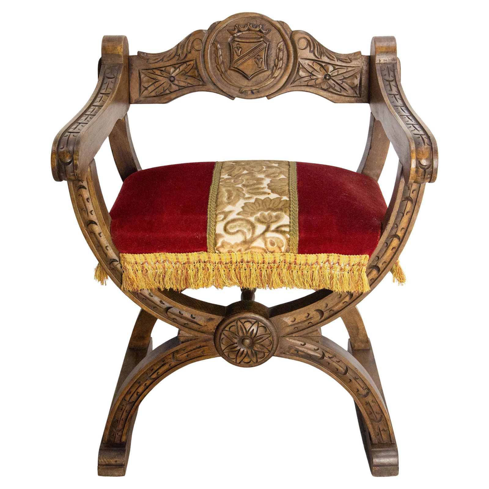 French Carved Beech & Upholstery Curule Or Dagobert Armchair, Circa 1960
