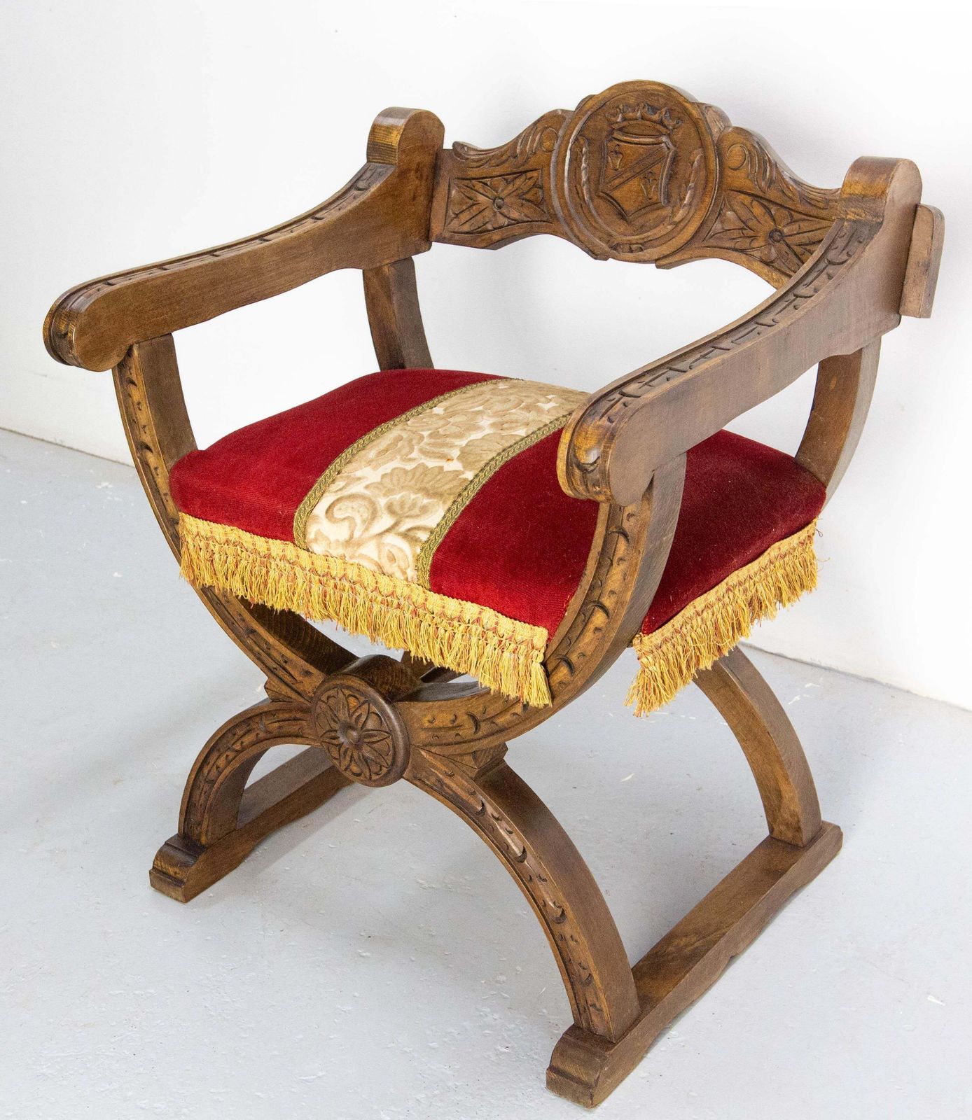 French Carved Beech & Upholstery Curule Or Dagobert Armchair, Circa 1960 photo for sale