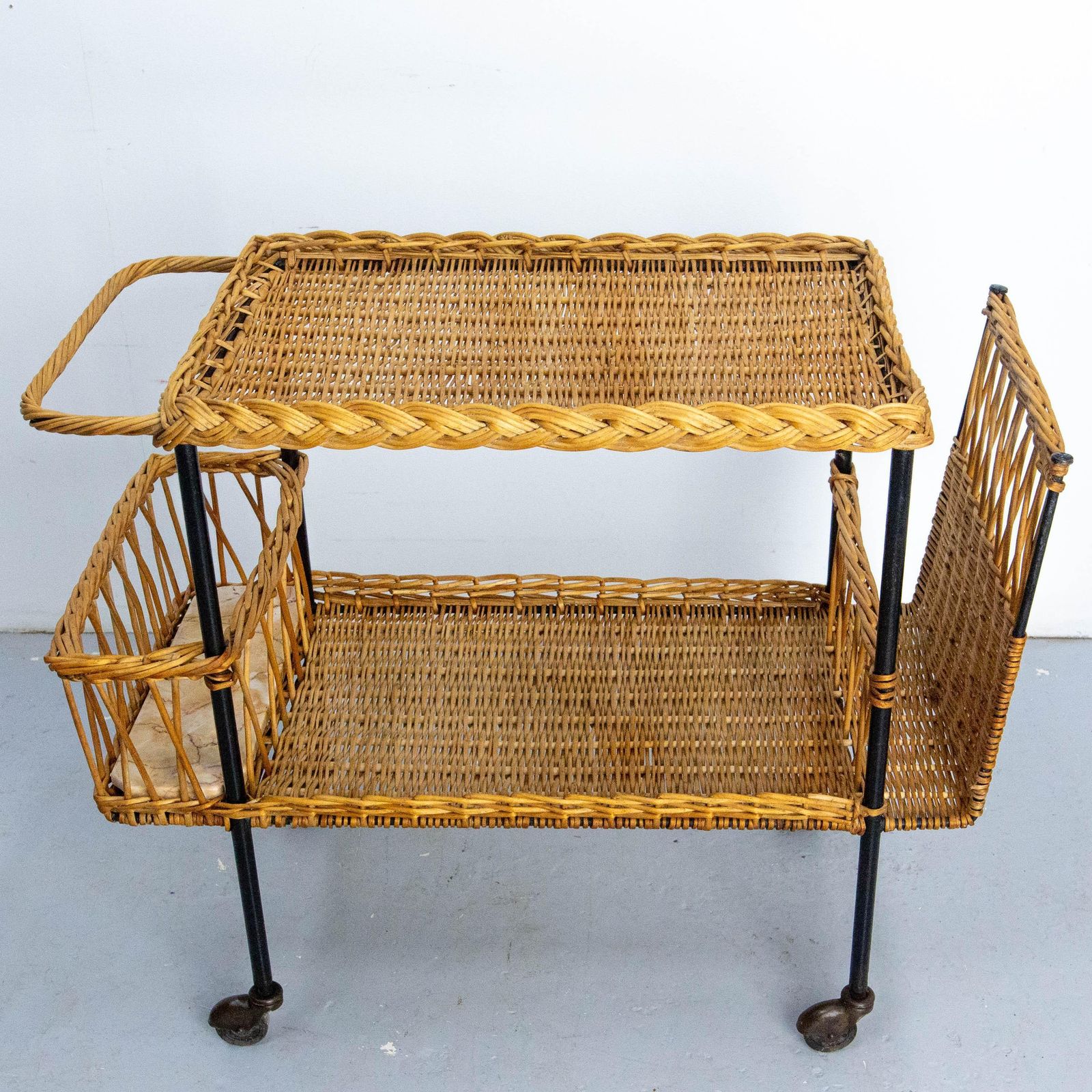 Midcentury Rattan And Black Metal Raoul Guys Trolley Bar Cart, Circa 1950 photo for sale